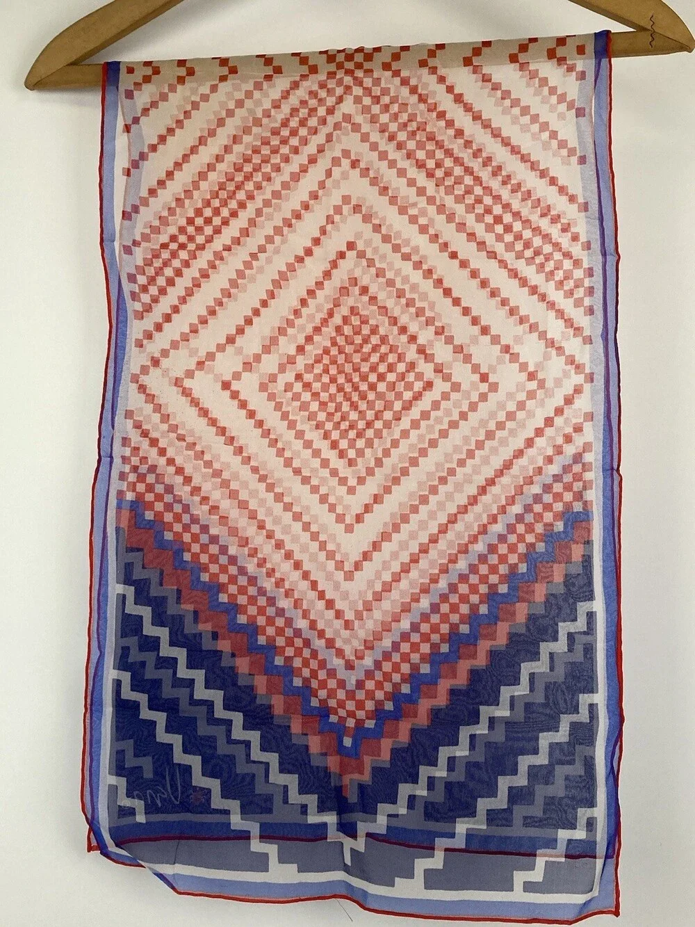 VTG Vera Neumann Ladybug Sheer Scarf Red White Blue Geometric Patriotic Zig Zag